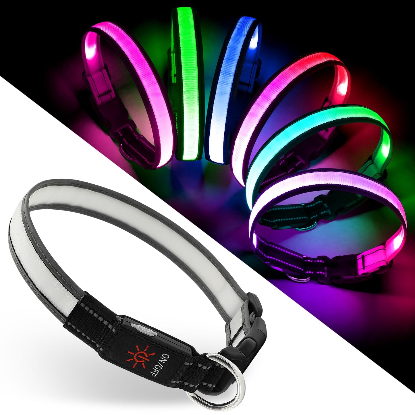 Light Up Dog Collar, Multicolor LED Dog Collar with 7 Lighting Modes - USB-C Rechargeable, Real-Time Battery Indicator, Waterproof & Adjustable Glow Collar for Safe Night Walks (L)