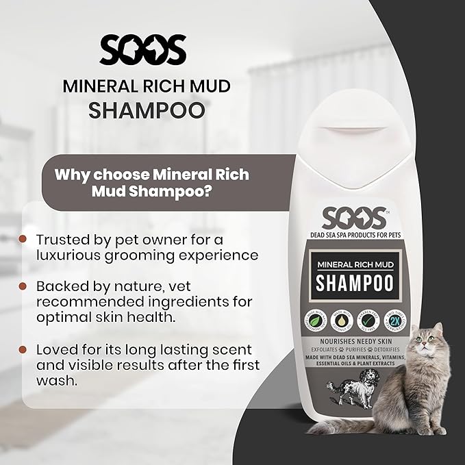 Soos Pet Dog Shampoo for Cats and Pets Mineral Rich Mud Natural Dead Sea Cruelty Free Fast Absorbing Skin Cooling First Aid Antib-acterial and Antif-ungal Odor Remover - 1x 250ml