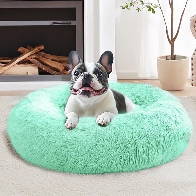 JOLLYVOGUE Calming Dog & Cat Bed for Small Dogs, Anti-Anxiety Donut Cuddler Cozy Soft Round Bed with Anti-Slip Bottom, Fluffy Faux Fur Plush Cushion Beds for Small Medium Dogs (27")