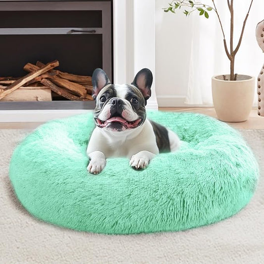 JOLLYVOGUE Calming Dog & Cat Bed for Small Dogs, Anti-Anxiety Donut Cuddler Cozy Soft Round Bed with Anti-Slip Bottom, Fluffy Faux Fur Plush Cushion Beds for Small Medium Pets (23")