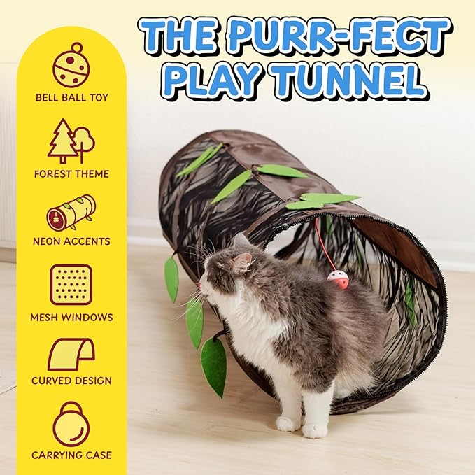 Tunnel for All Cats (Even Chonks)–Collapsible Crinkle Tube of Chaos w/Mesh Windows & Bell Ball – Interactive Cat Toy, Chonky Tunnel, Cat Bed & Zoomie Track for Chonkys, Kittens & Ferrets
