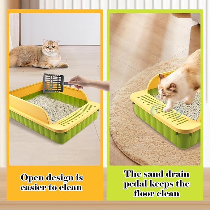 Open Top Cat Litter Box with High Side Anti-Splashing Cat Toilet with Litter Sifting Scoop Semi-Enclosed Kitten Litter Tray Pan Removable Prevent Sand Leakage Deodorizing Easy to Clean(Green)