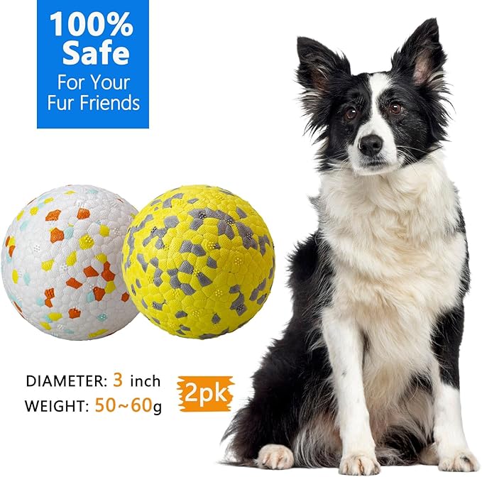 Dog Tennis Balls for Aggressive Chewers, Indestructible Dog Balls for Fetch Game, Durable Bouncy Lightweight Floating Toys (1 White + 1 Yellow, Large (3" Diameter))