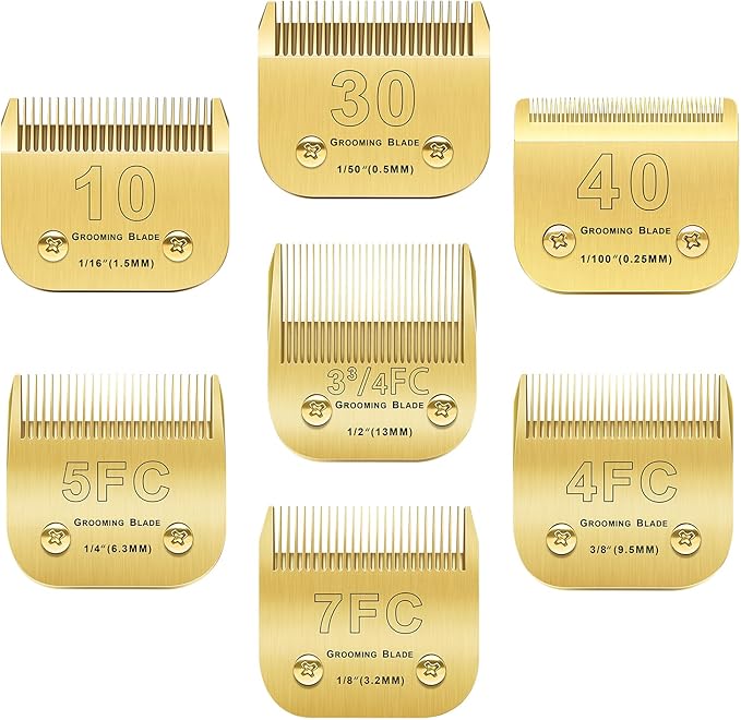 7Pack Dog Grooming Blades Compatible With Andis/Oster A5/Wahl KM-10 Series Clippers - Detachable Replacement Blades, Gold (7PCS #10+30+40+3FC+4FC+5FC+7FC)