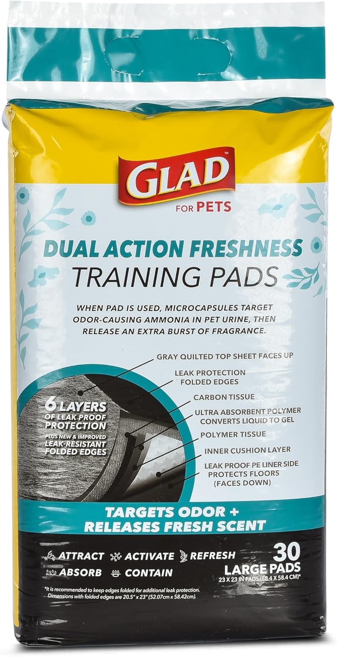 Glad for Pets Dual Action Freshness Activated Carbon Puppy Training Pads with Fragrance Release, Scented Pee Pads, Ultra Absorbent, Odor Control. 23"x23" 30ct