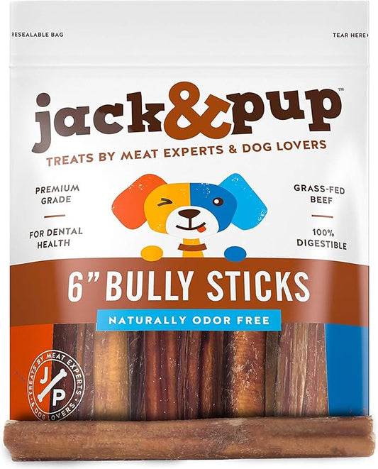 Jack&Pup 6-inch Premium Grade Odor Free Bully Sticks Dog Treats [Thick-Size] – 6” Long All Natural Gourmet Dog Treat Chews – Fresh and Savory Beef Flavor - (6 Pack)
