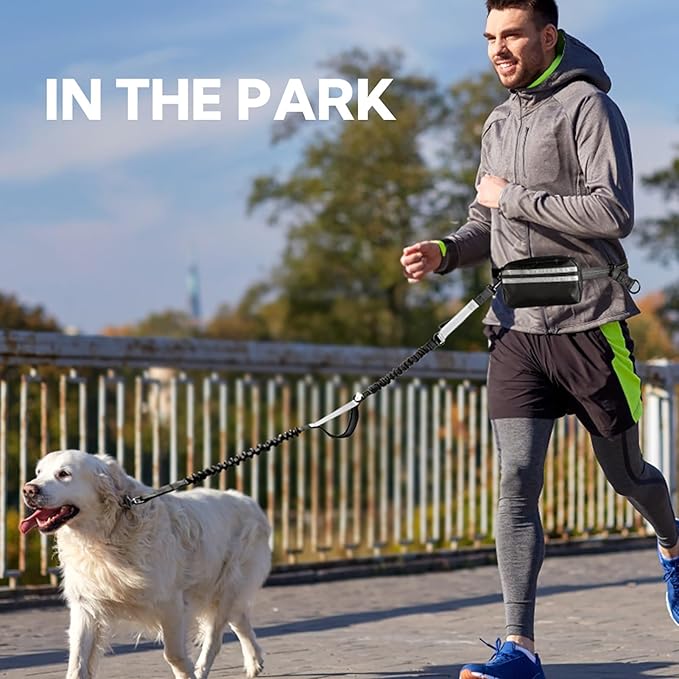 Hands Free Dog Leash with Pouch, Double Leash for Two Dogs, Retractable Bungee with Double Padded Handles, Dog Waist for Dog Walking,Dog Walking Accessories,Black Grey