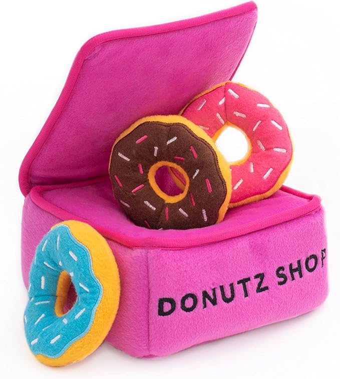 ZippyPaws Burrow- Interactive Dog & Puppy Toys for Boredom, Stimulating Pet Products to Keep Them Busy, Hide & Seek Plush Dog Puzzle, Enrichment Squeaky Toy, for Small & Medium Dogs- Donutz Box