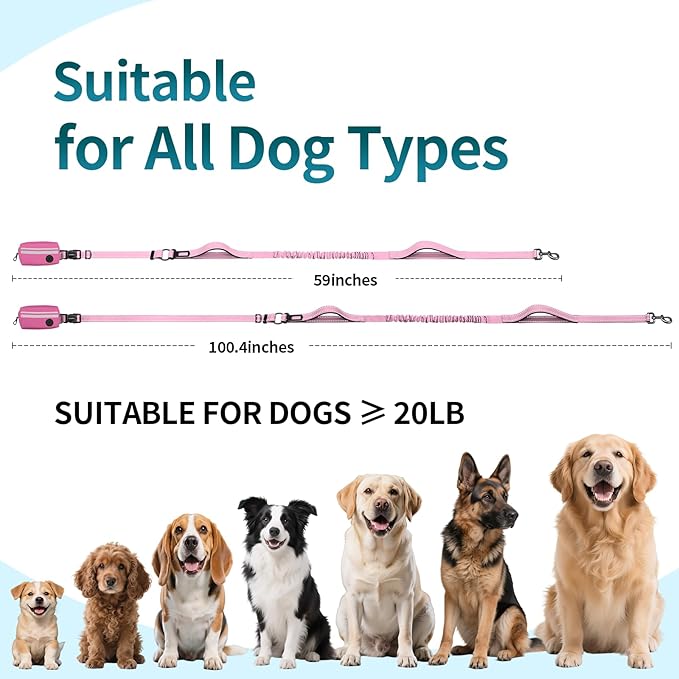 Hands Free Dog Leash with Removable Zipper Pouch, Dual Padded Handles and Durable Bungee for Walking, Jogging and Running-Pink