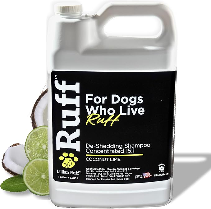 Ruff by Lillian Ruff 15:1 Concentrated Deshedding Dog Shampoo –Professional Extra-Strength Shedding & Odor Control – Aloe, Coconut Oil & Vitamin E – Puppy Safe, USA Made - Coconut Lime – Gallon