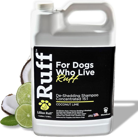 Ruff by Lillian Ruff 15:1 Concentrated Deshedding Dog Shampoo –Professional Extra-Strength Shedding & Odor Control – Aloe, Coconut Oil & Vitamin E – Puppy Safe, USA Made - Coconut Lime – Gallon