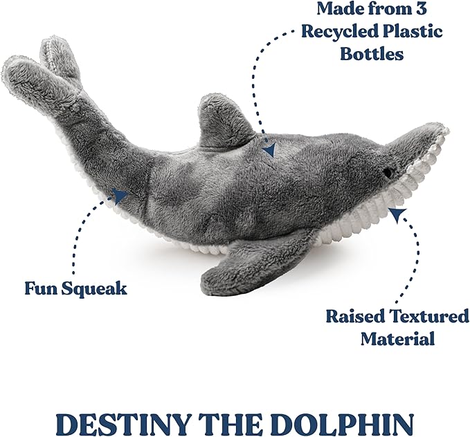 Ocean Collection Dog Toys | Medium Sized Destiny The Dolphin | Cute, Durable, & Sustainable Plush Chew Toys for Dogs 25 to 50 lbs | Eco Friendly & 100% Recycled Materials