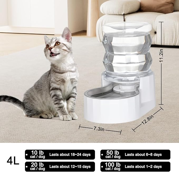 Sfozstra Automatic Gravity Dispenser for Cats: 4L White Stainless Steel Water Bowl Feeder - Great for Family Homes and Outdoor Activities