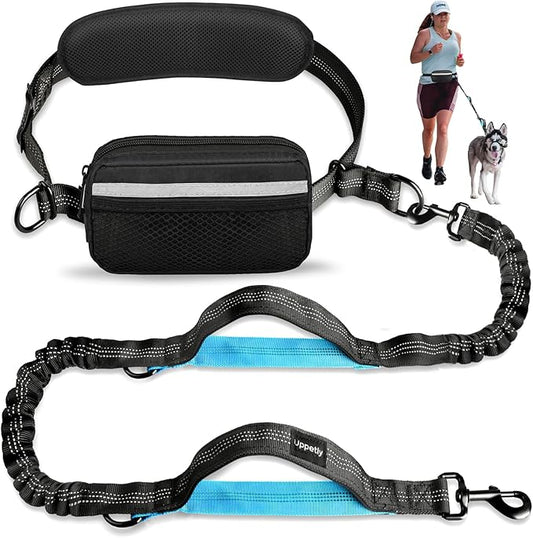 Hands Free Dog Running Leash with Adjustable Waist Belt, Dual Handle Elastic Bungees Retractable Rope for Small and Medium Dogs, Reflective Stitches for Walking Hiking Biking (Medium, 8-25lb)