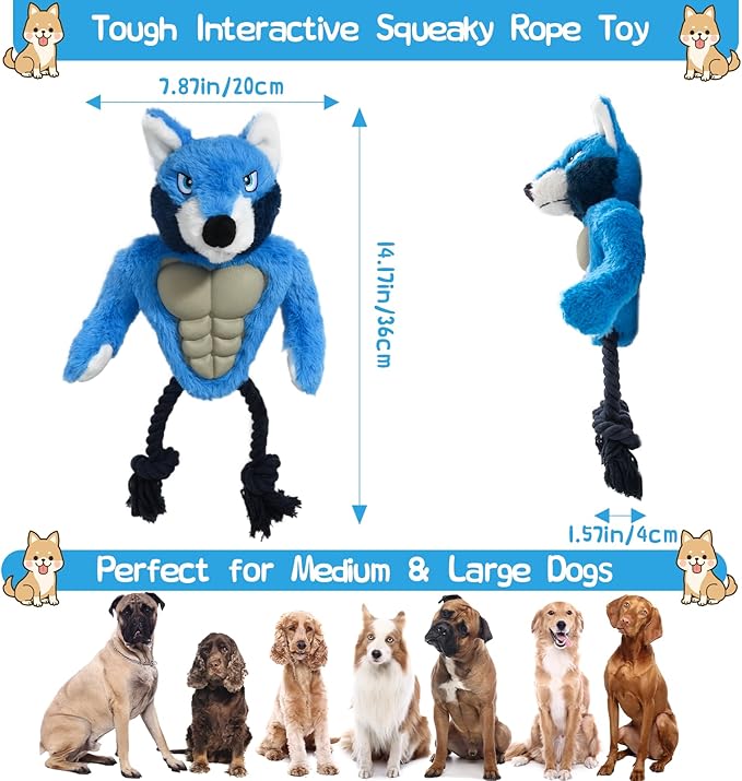 Wolf Rope Tug Toy with Muscle & Squeaker - Durable Plush Chew Toy for Aggressive Chewers, Interactive for Small Medium Large Dogs