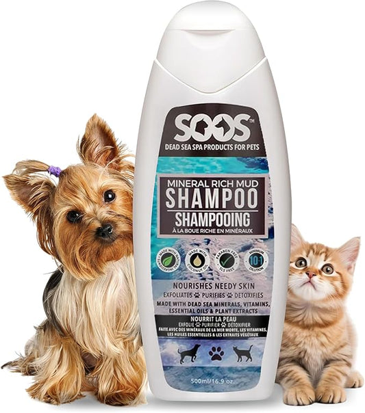 Soos Pet Dog Shampoo for Cats and Pets Mineral Rich Mud Natural Dead Sea Cruelty Free Fast Absorbing Skin Cooling First Aid Antib-acterial and Antif-ungal Odor Remover - 1x Pet Shampoo (500ml)