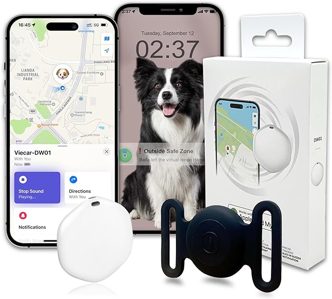 GPS Tracker for Dogs, Mini GPS Cat Tracker, IPX8 Waterproof GPS Tracker for Cats with Holder, No Monthly Fee, Work with Apple Find My(iOS Only), Smart Trackers for Dogs Finder Trackers Pets(Black)