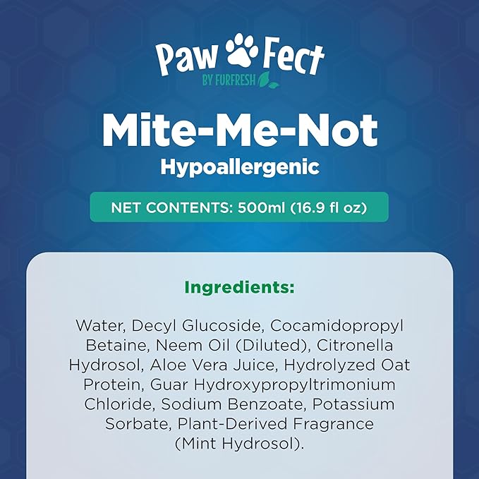 Hypoallergenic Flea and Tick Relief 16.9oz Dog Shampoo for Sensitive Skin Mite Me Not Formula for Itchy and Dry Coats Deep Cleansing and Moisturizing Pet Wash for Dogs and Puppies 500ml