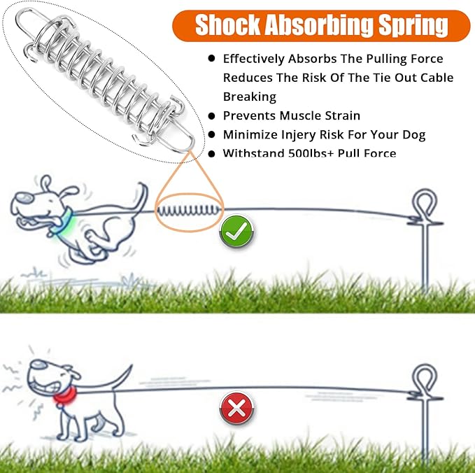 Jenico Dog Tie Out Cable, 10-150FT Runner Cable with Swivel Hook and Shock Spring, Yard and Camping Dog Leash Tether for Small to Medium Pets Up to 500 LBS