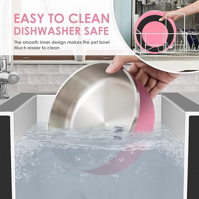 IKITCHEN Dog Bowl for Food and Water, 40 Oz Stainless Steel Pet Feeding Bowl, Durable Non-Skid Double Wall Insulated Heavy Duty with Rubber Bottom for Medium Large Dogs (40 Ounces/5 Cup, Pink)