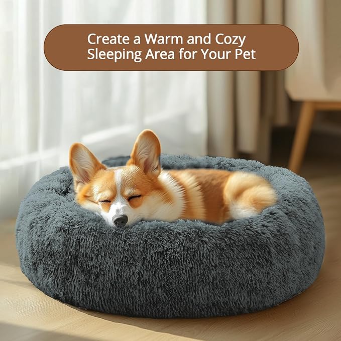 JOLLYVOGUE Calming Dog & Cat Bed for Small Dogs, Anti-Anxiety Donut Cuddler Cozy Soft Round Bed with Anti-Slip Bottom, Fluffy Faux Fur Plush Cushion Beds for Small Medium Dogs (20")