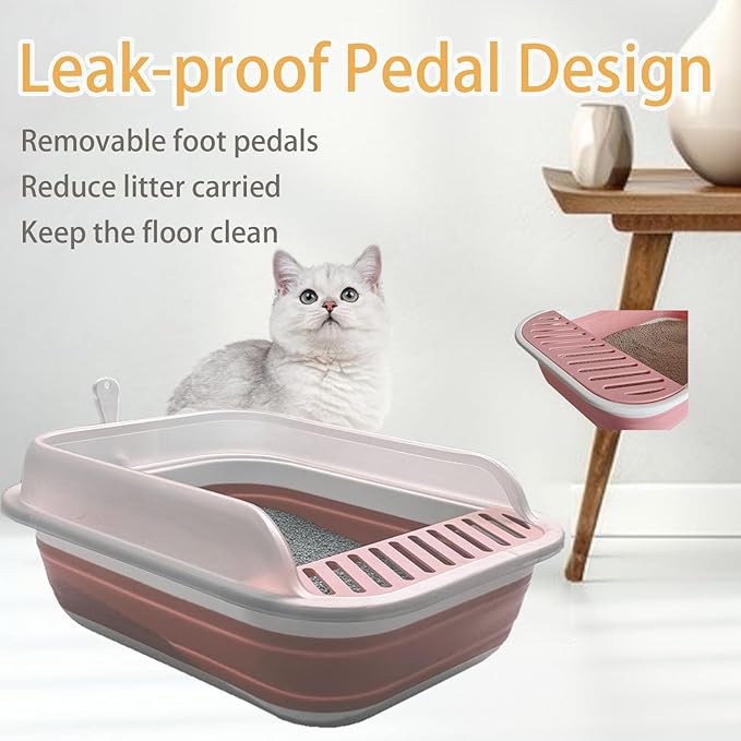 Low Entry Kitten Litter Box,Collapsible Cat Litter Box, Open Small Cat LitterBox with High Side Shallow Kitten Litter Pan Anti-Splashing Waterproof with Falling Sand Pedal
