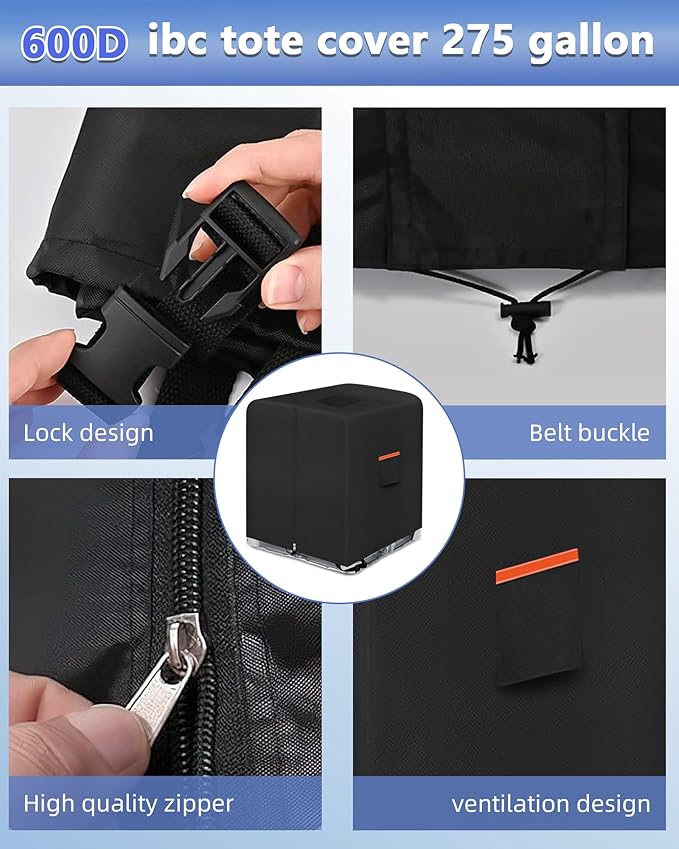 IBC Tote Cover，Zipper IBC Tote Cover，Fit 275 Gallon Water Tank，600D Heavy Duty Waterproof and Sunscreen Material，black