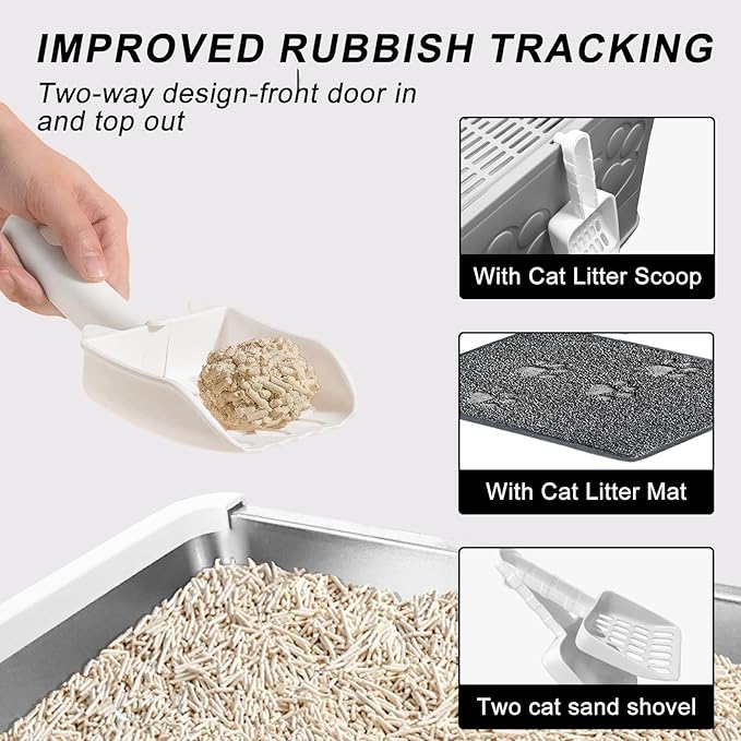 Upgrade Portable Litter Box, Top Entry Cat Box with Lid, No Leakage Kitty Box with Scoop and Mat, Easy Cleaning Cat Box Enclosure(Grey-Stainless Steel)