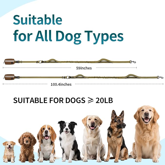 Hands Free Dog Leash with Removable Zipper Pouch, Dual Padded Handles and Durable Bungee for Walking, Jogging and Running-Brown