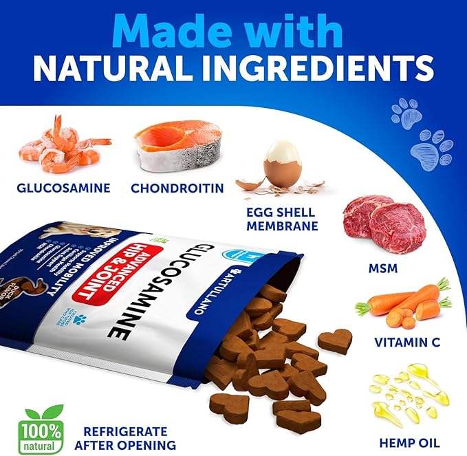 Glucosamine for Dogs Joint Pain Relief - Hemp Hip and Joint Supplement for Dogs - Chews with Chondroitin, MSM, Hemp Oil - Mobility Support - Canine Cartilage Health - 70 Soft Treats - Made in USA