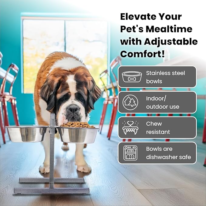 Iconic Pet Adjustable H-Design Double Diner - Non-Skid Rubber Base Noise Free Stable Dog Food Stand with 5 Quart/ 160 oz Stainless Steel Elevated Dog Food Bowls for Proper Growth & Digestion