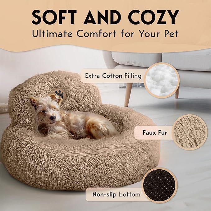 PetJett Calming Dog Bed for Small Dogs – 23" Donut Dog Beds, Anti-Slip & Washable Fluffy Plush Faux Fur Pet Bed, Anti-Anxiety Premium Comfort Round Puppy Bed, Fits Dogs up to 25 lbs – Beige