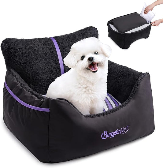 BurgeonNest Dog Car Seat for Small Dogs, Detachable and Washable Cat Carseats Under 25 lbs, Soft Pet Booster Seats with Storage Pockets and Clip-On Leash Portable Car Travel Carrier Bed, Black Purple