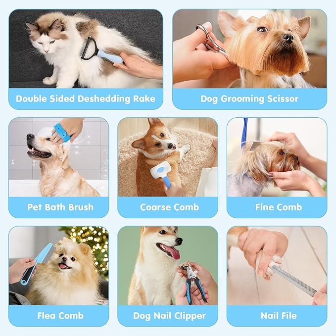 Cat Grooming Brush, 9PCS Dog Brush Kit with Pet Nail Clipper and File, Deshedding Brush for Cats, Cats Dog Shedding Brushs for Small Large Pets, Includes Flea Comb, Bath Brushs,Undercoat Rake (Blue)