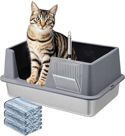 Stainless Steel Litter Box with Lid, 23.5" L x 15.8" W x 10.5" H, Large Metal Cat Box for Big Cats, High Sided Kitty Litter Box with Scoop & Pee Pads, Non-Sticky, Anti-Leakage, Easy to Clean (Gray)