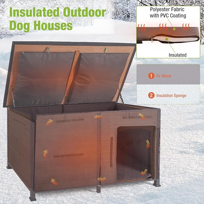GUTINNEEN 59.1" Extra Large Dog House Outdoor Insulated for Winter with Durable Metal Fame, Brown