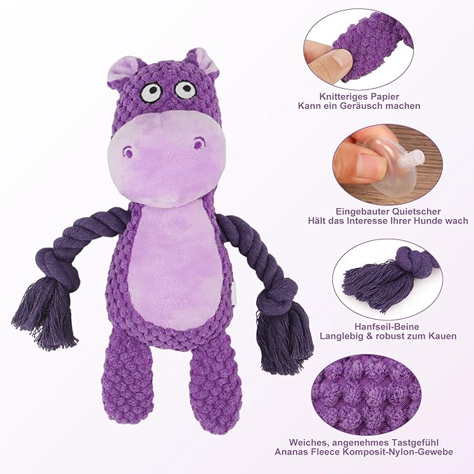 Dog Toys, Dog Squeaker Toys with Crinkle Paper, Stuffed Animal Dog Plush Chewing Toy, Cotton Rope Interactive Toys for Puppy, Small, Middle Dogs (Purple Hippo)