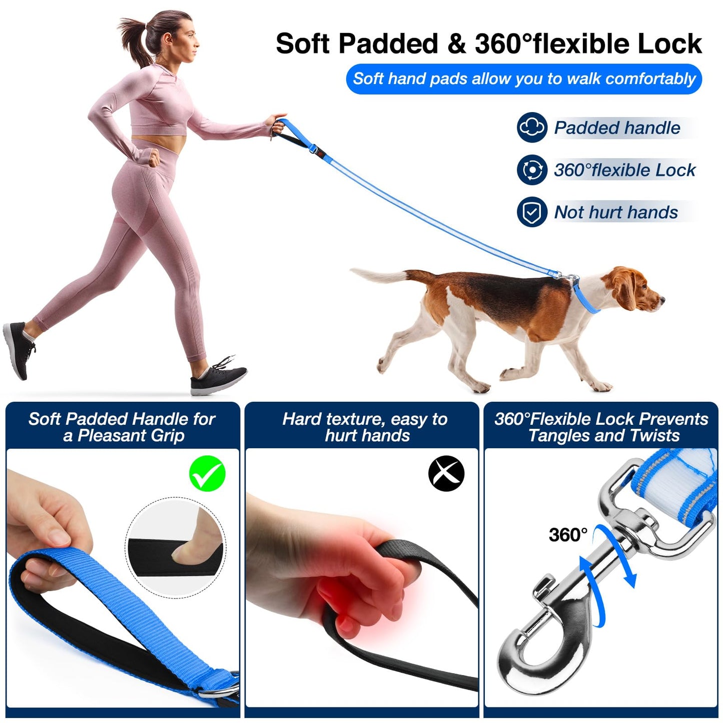 PZRLit LED Light Up Dog Leash - 4 Ft USB Rechargeable Reflective Nylon Leash with Padded Handle - Flashing Luminous Glow Leashes for Large Medium Pets Night Safety Walking-Blue