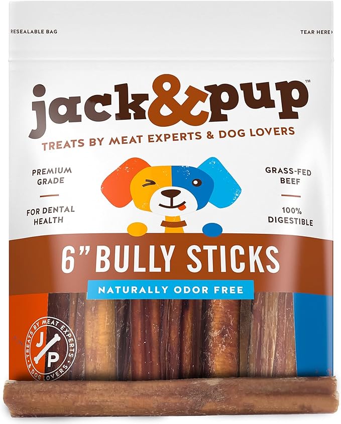 Jack&Pup 6 Inch Bully Sticks for Medium Dogs (25 Pack) Dog Chews Long Lasting, Single Ingredient 100% Beef Bully Sticks for Dogs