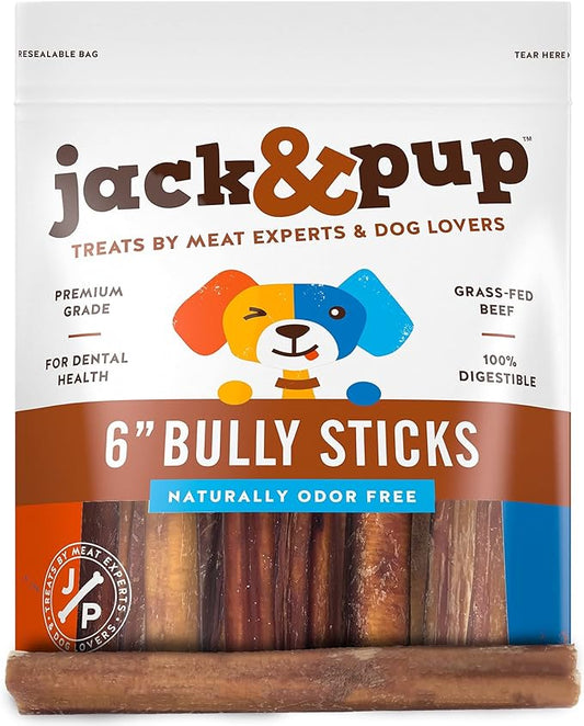 Jack&Pup 6 Inch Bully Sticks for Medium Dogs (25 Pack) Dog Chews Long Lasting, Single Ingredient 100% Beef Bully Sticks for Dogs
