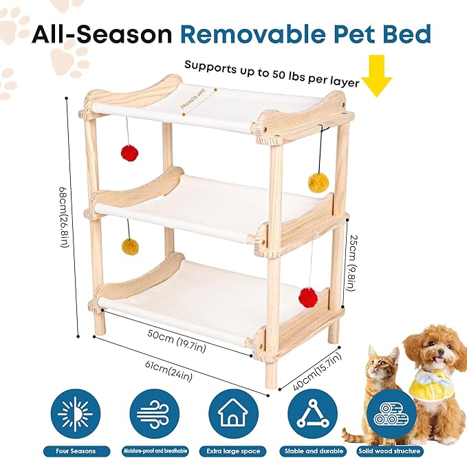 Large 3-Layer Cat Hammock Bed, 24"x15.7"x26.8" Elevated Cat Bed with Pine Wood Frame, Breathable Washable Covers, Wooden Pet Furniture for Indoor Cats and Small Animals(White, 3-Tier)