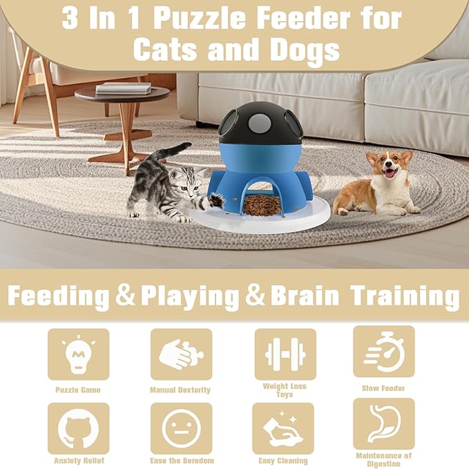 HOSUKKO Interactive Cat Puzzle Feeder,3 in 1 Intelligence Brain Stimulation Game Cat Treat Puzzle Toy and Slow Feeder Enrichment Toys for Indoor Cats Dogs (Blue)