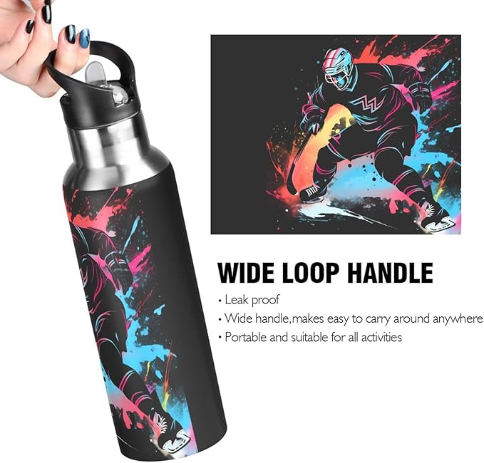 Hockey Player Water Bottle with Straw Lid Kids Insulated Stainless Steel Water Flask Sports, 20 Oz Hot Cold