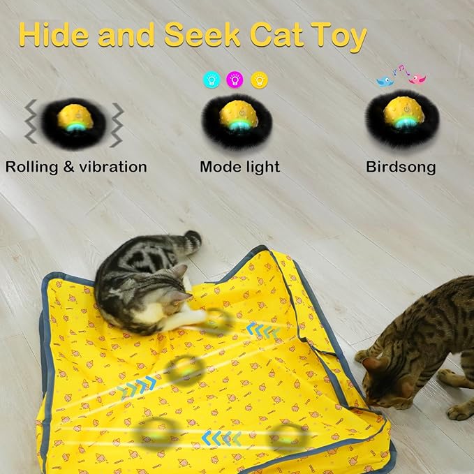 Interactive Cat Toys for Indoor Cats, Electric Cat Ball Fast Rolling in Pouch, Motion Activated Chirping Cat Toy, Hide and Seek Cat Toy with LED Light