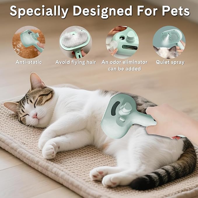 Pet Steam Brush for Dog & Cat,4-in-1 Spray Hair Removal Comb with Waterless Shampoo,Steam for Shedding & Grooming–Water Brush for Long & Short Haired Pets –Anti-Static & Skin-Friendly Design (Green)