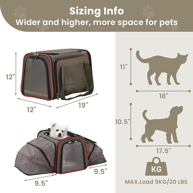 Petsfit 2 Side Expandable Pet Carrier Dog Carrier Cat Carrier for 2 Cats, 19" Lx 12" Wx 12" H, with Soft Cushion, Built-in Safety Rope, Pockets, Fit for Car Travel
