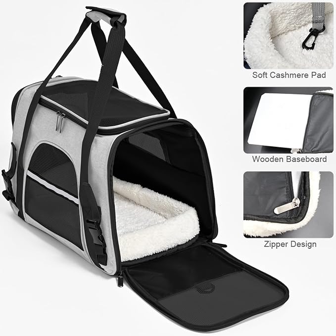 Dog Cat Carrier Soft for Small Pet Up to 16 Lbs TSA Airline Approved Travel Carrier Collapsible Puppy Car Mesh Bag 17.5 * 10.2 * 11.4 inch - Grey & Black