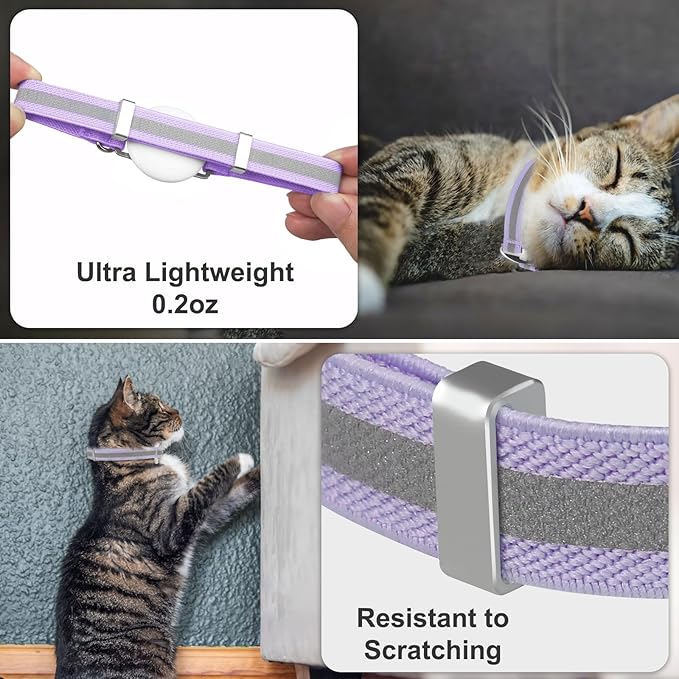 AirTag Cat Collar, Ultra Elastic Cat Tracker Collar with Apple Air Tag Holder, [Lightweight][Scratch Resistant] Stepless Adjustable GPS Pet Collar for Cats Kittens [Purple]