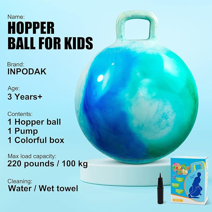 INPODAK Hopper Ball 22 Inch Bouncy Ball with Handle for Kids, Hippity Hop Jumping Bounce Hopping Toy for Boys Girls Ages 7-12 with Pump and Gift Box Great Gift for Birthday Holiday