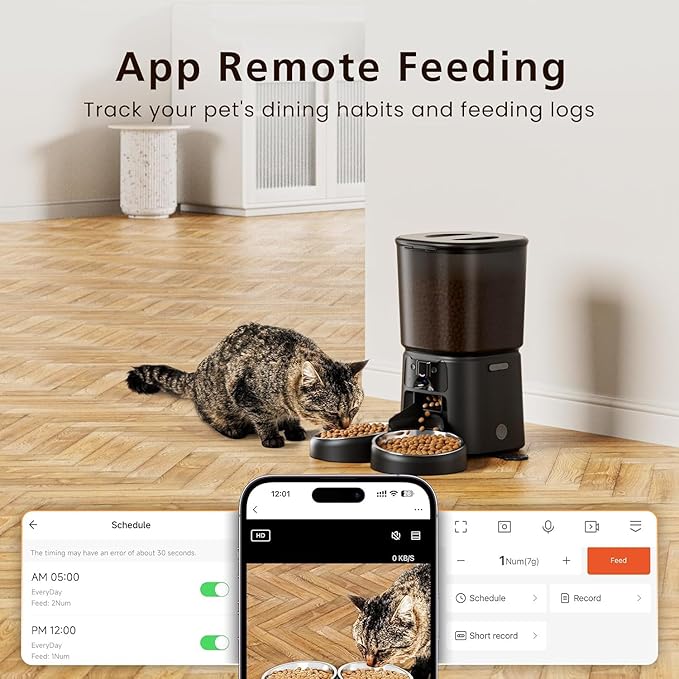Automatic Cat Feeder with Camera, 6L WiFi Smart Pet Feeder with APP Control, 1080P HD Video, Voice Call, Motion Detection, Dual Power Supply, for Dogs Cats, Small-Pet(Black, 6L)